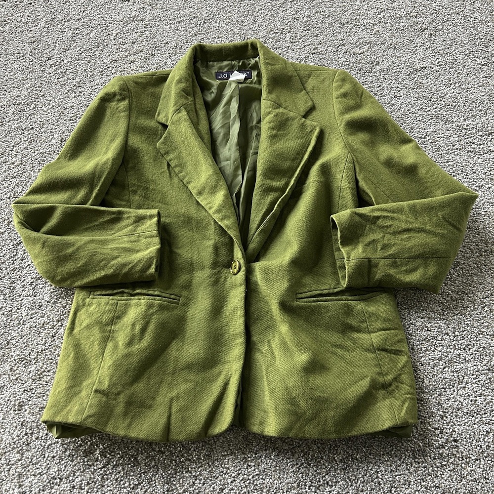 J.G. Hook Blazer Jacket Womens 12P Green Wool One Button Lined Career Office